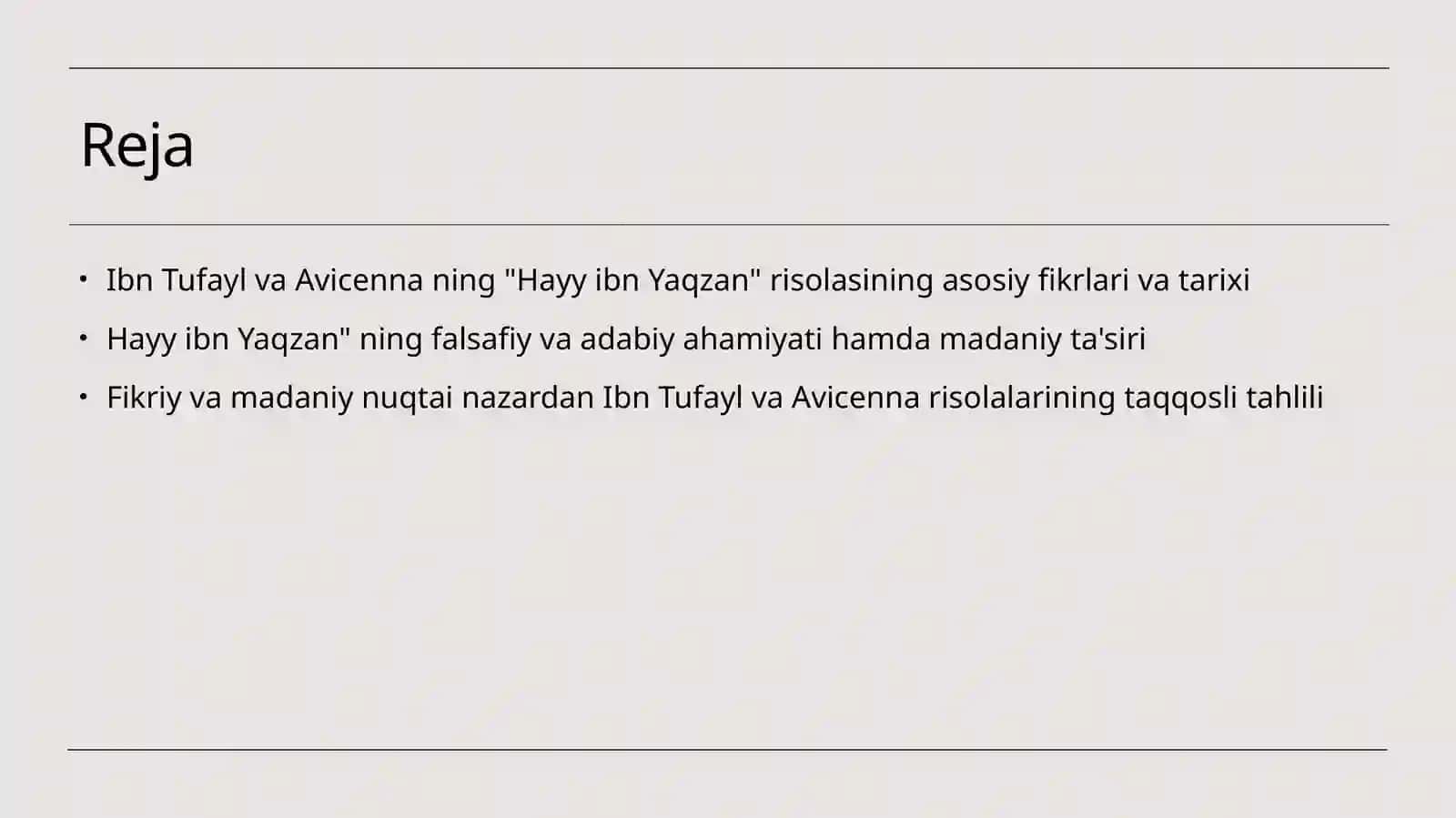 Ibn Tufayl va Ibn sinoning "xay ibn Yalzon oʻĝli" rislosini qiysiy tahlil etish 2