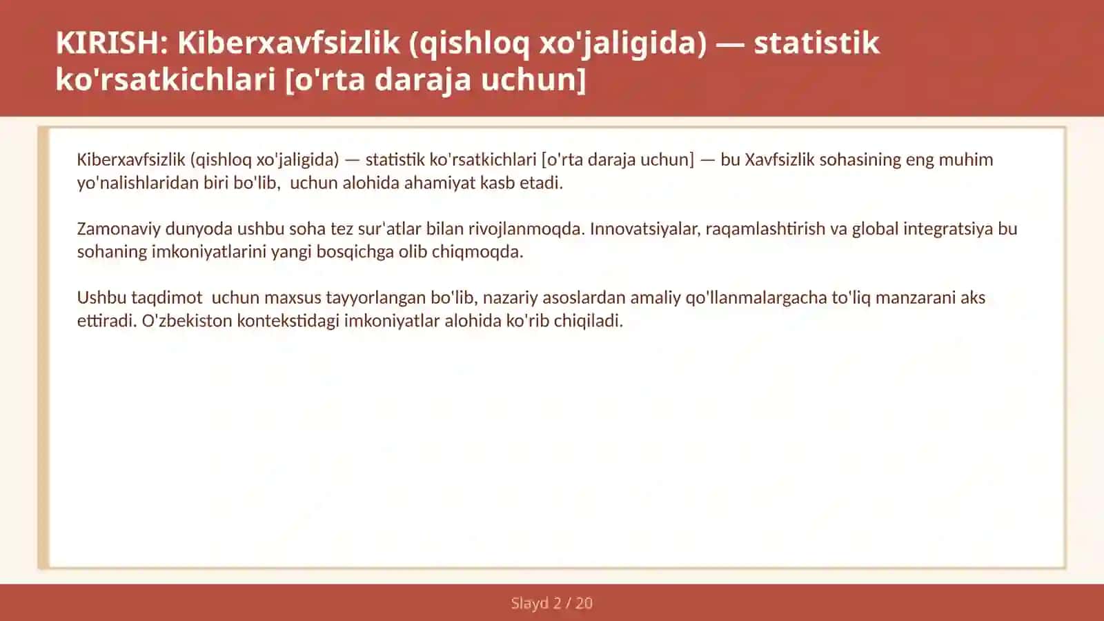Kiberxavfsizlik (qishloq xo'jaligida) — statistik ko'rsatkichlari [o'rta daraja uchun] 2