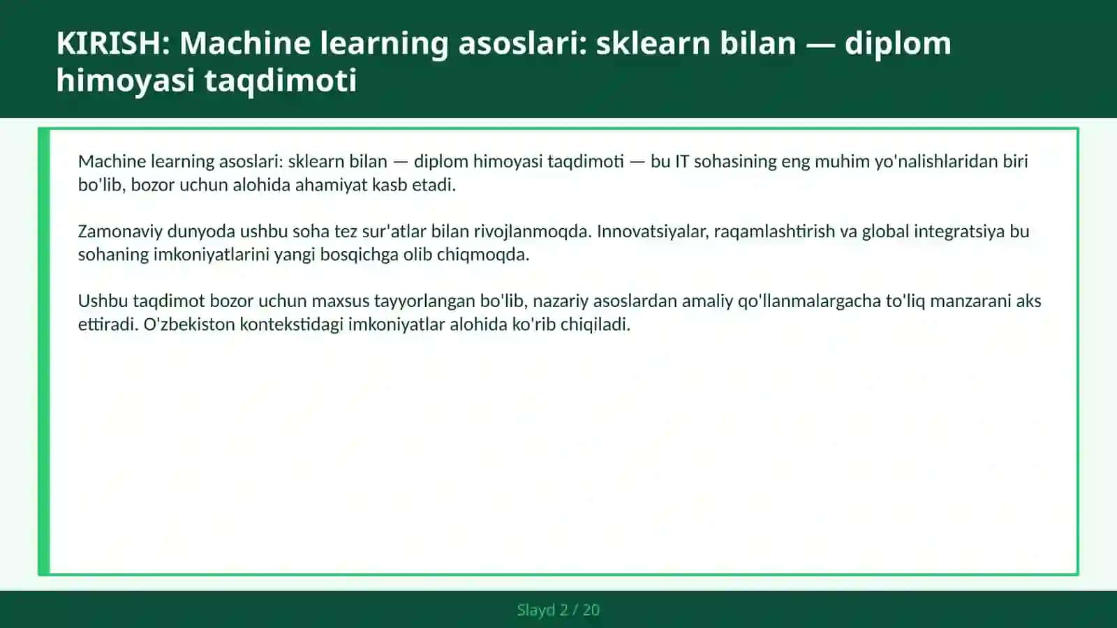 Machine learning asoslari: sklearn bilan — diplom himoyasi taqdimoti 2