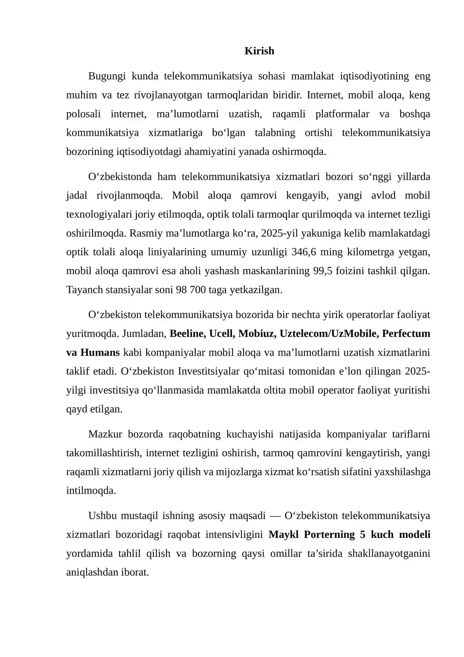 Telekommunikatsiya Bozorining Raqobat Intensivligini Aniqlash 2