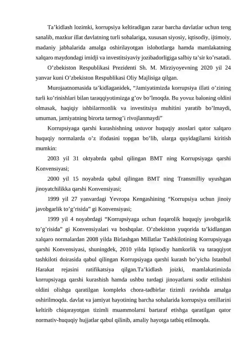 Korrupsiyaga qarshi kurash bo'yicha xalqaro qonunlar va qarorlarning O'zbekistonda ratifikatsiya qilishning ahamiyati 2