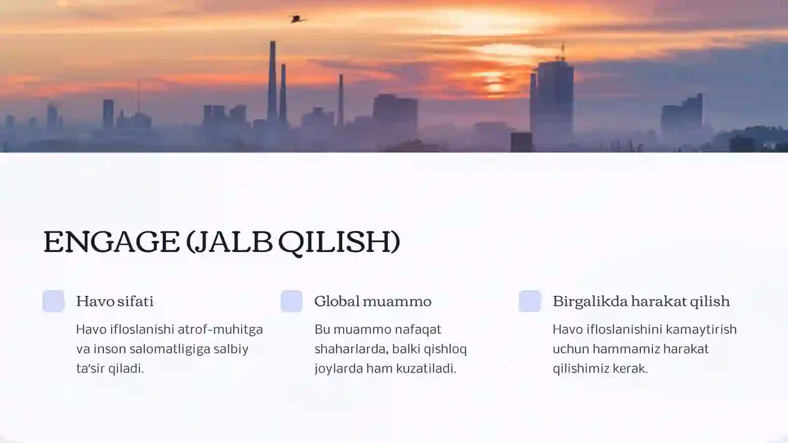 Havoning ifloslanishiga taʼsir etuvchi omillar. 7-sinf Kimyo fanidan dars ishlanma. 2
