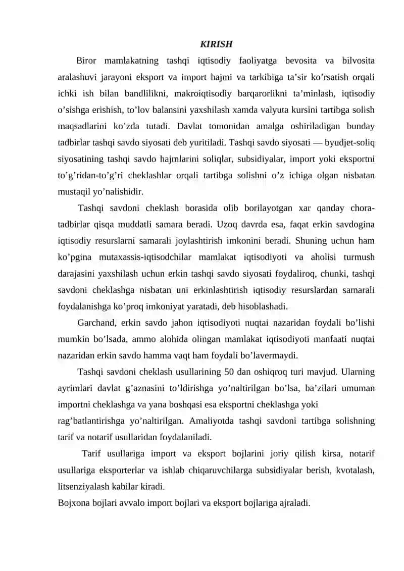 DAVLATNING SAVDO SIYOSATI: TARIFLI VA NOTARIFLI USULLARNING AMALIYOTDA QO'LLANILISHI 2