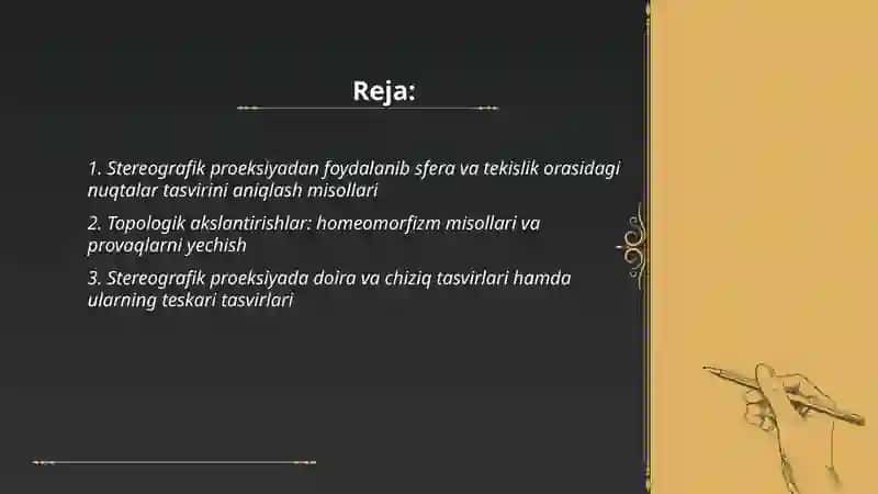 Topologik akslantirishlar va stereografik proeksiyaga doir misollar yechish 2
