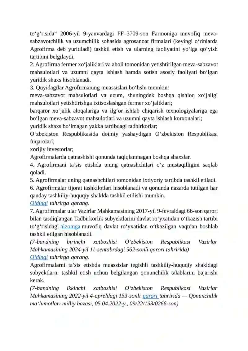 Meva-sabzavotchilik va uzumchilik sohasida agrosanoat firmalari tashkil etish va ularning faoliyatini yo‘lga qo‘yish tartibi 2