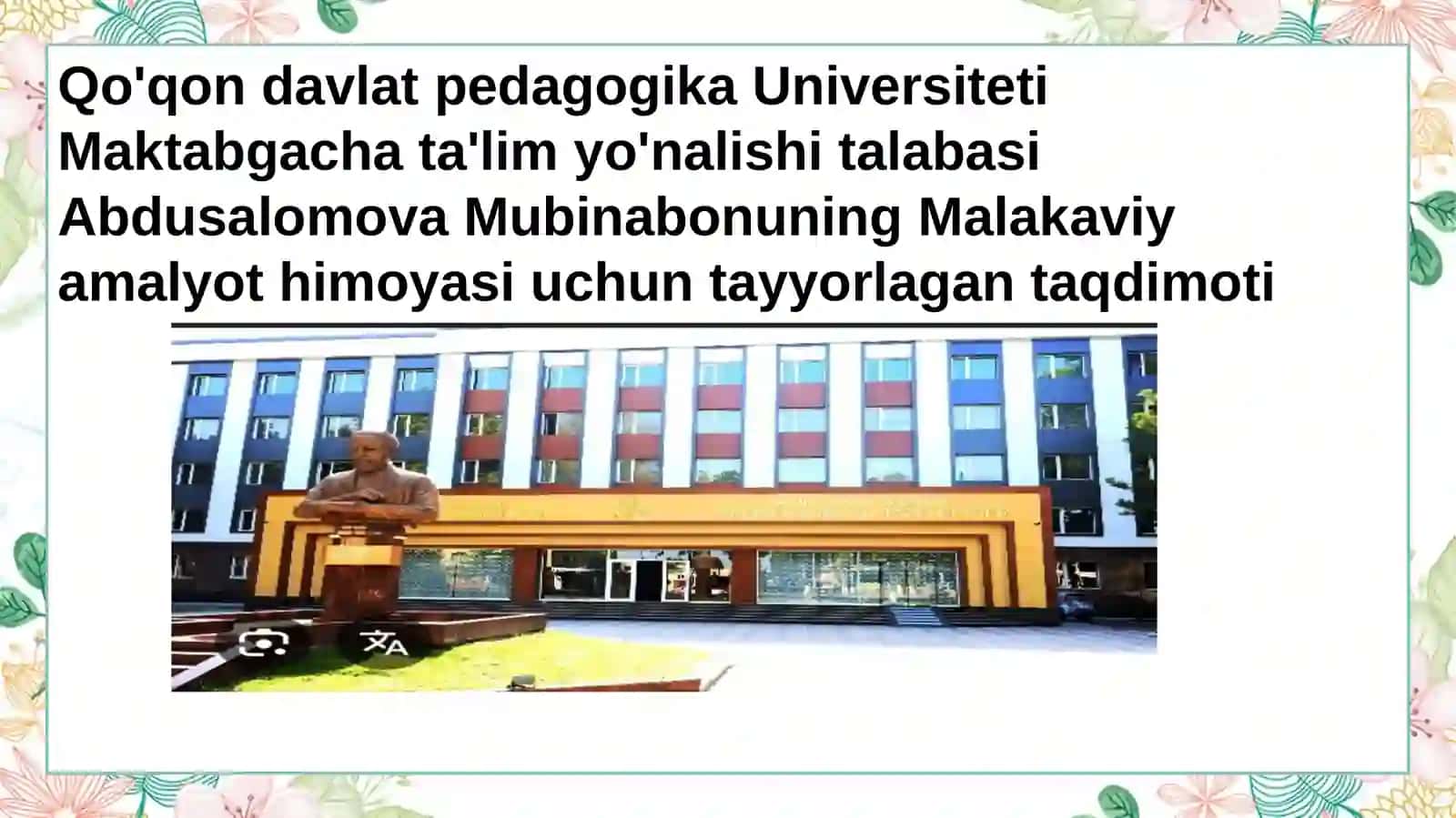 Maktabgacha ta'lim yo'nalishi talabasi Malakaviy amaliy yo'timoyasi uchun tayyorlagan taqdimot 2