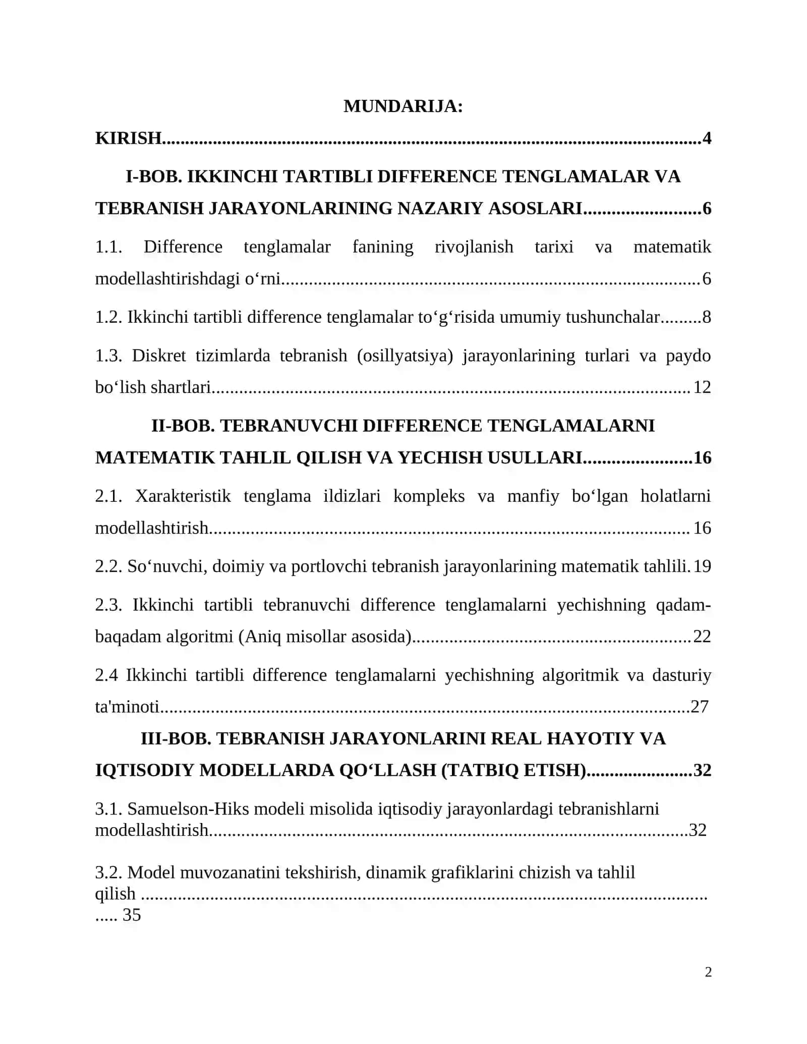 Mat Model Kurs ISHI: Ikkinchi tartibli ayirmali farqli(difference) tenglamalar va tebranish jarayonining nazariy asoslari. 2