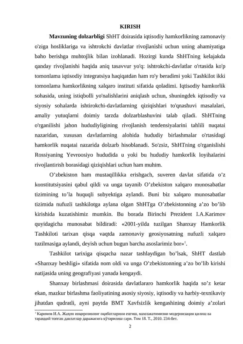 SHXT DOIRASIDA IQTISODIY HAMKORLIK MUAMMO VA ISTIQBOLLAR 2