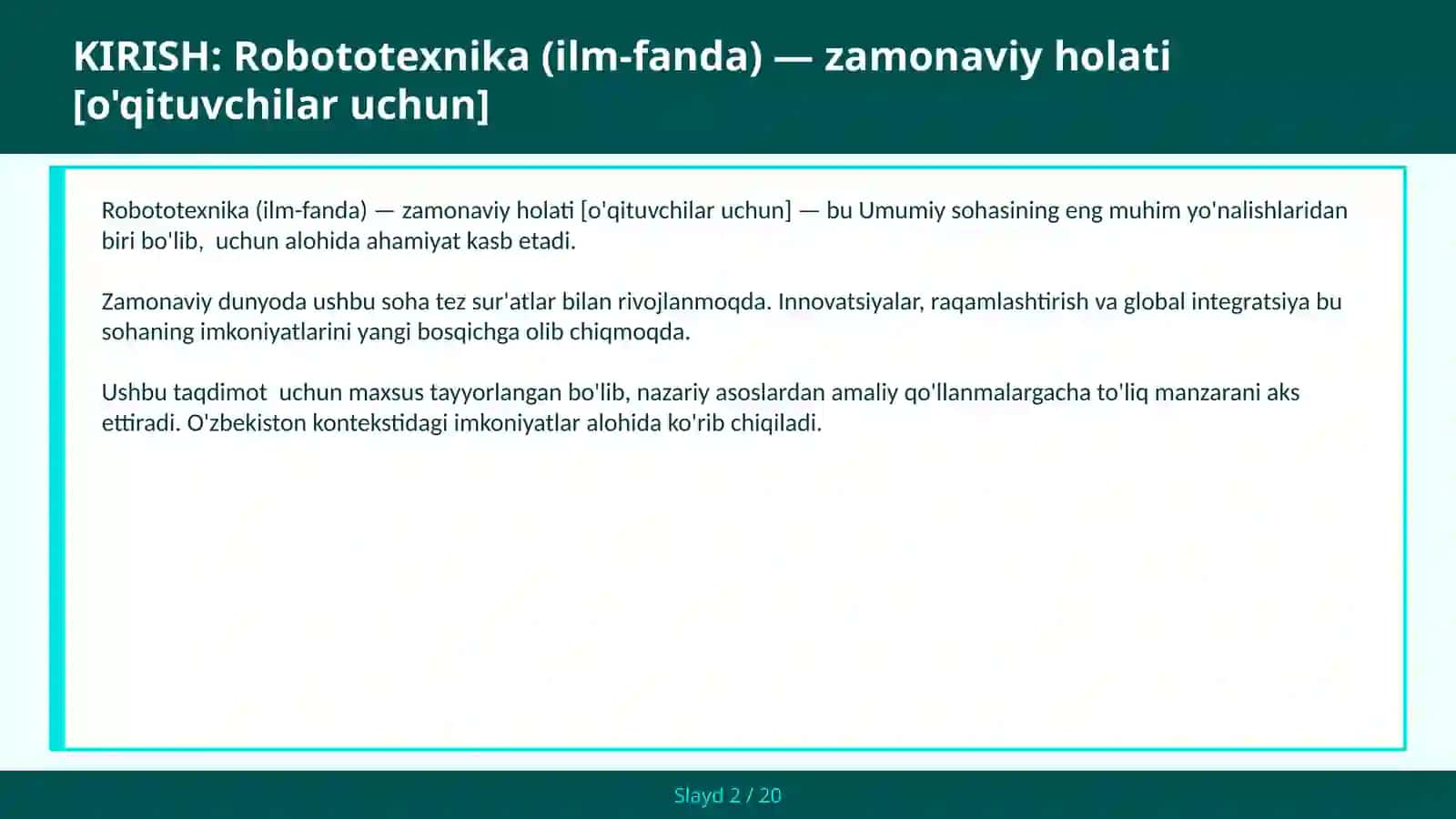 Robototexnika (ilm-fanda) — zamonaviy holati [o'qituvchilar uchun] 2