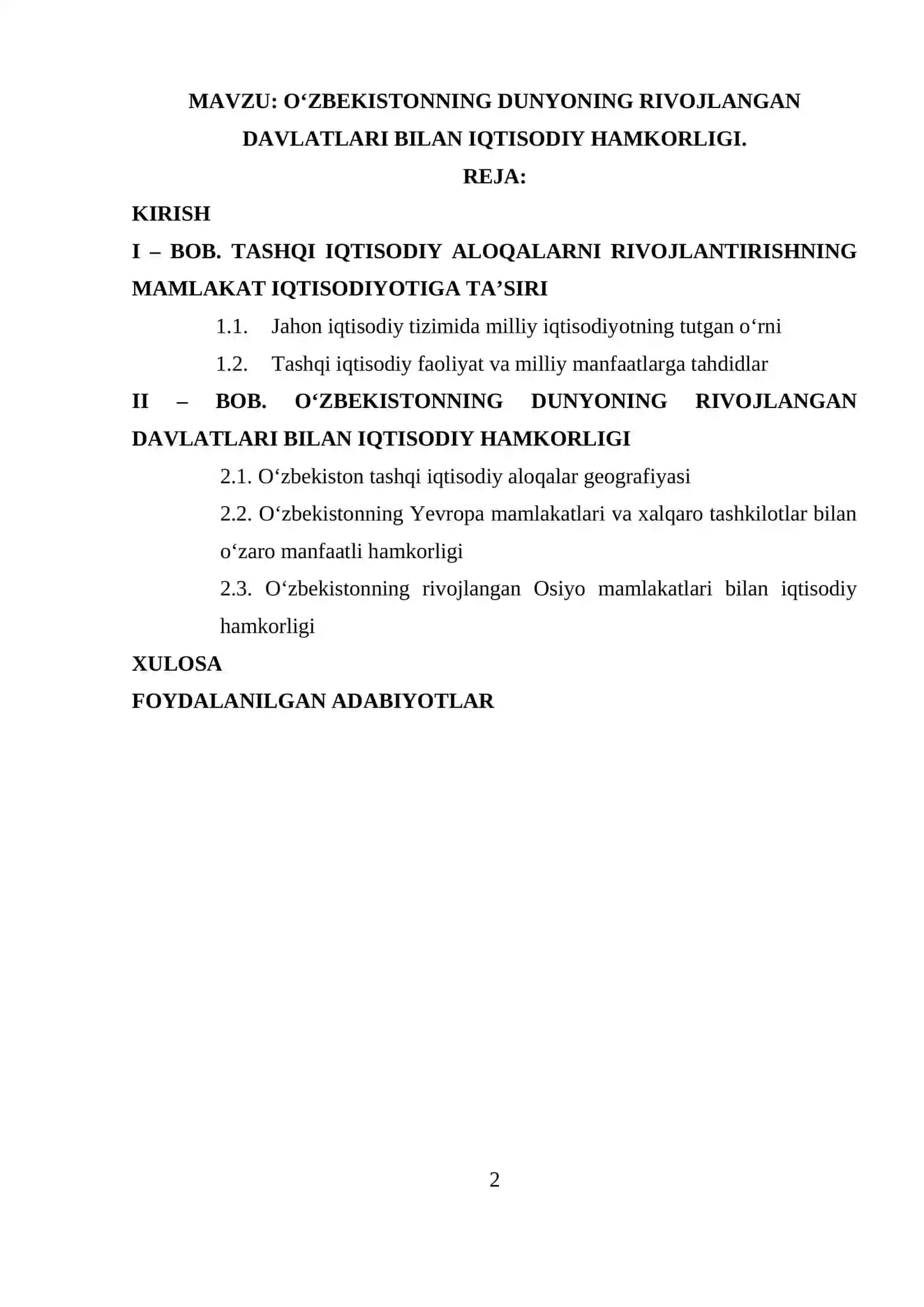 O‘zbekistonning dunyoning rivojlangan davlatlari bilan iqtisodiy hamkorligi 2