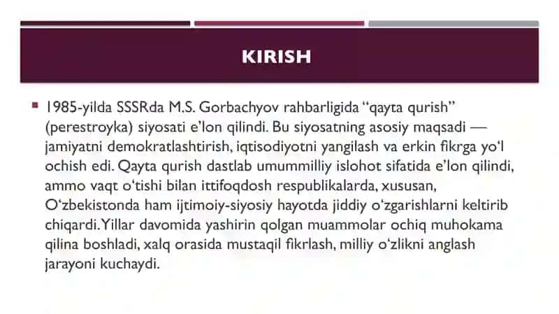 Qayta qurish yillarida Oʻzbekistondagi ijtimoiy-siyosiy vaziyat 2