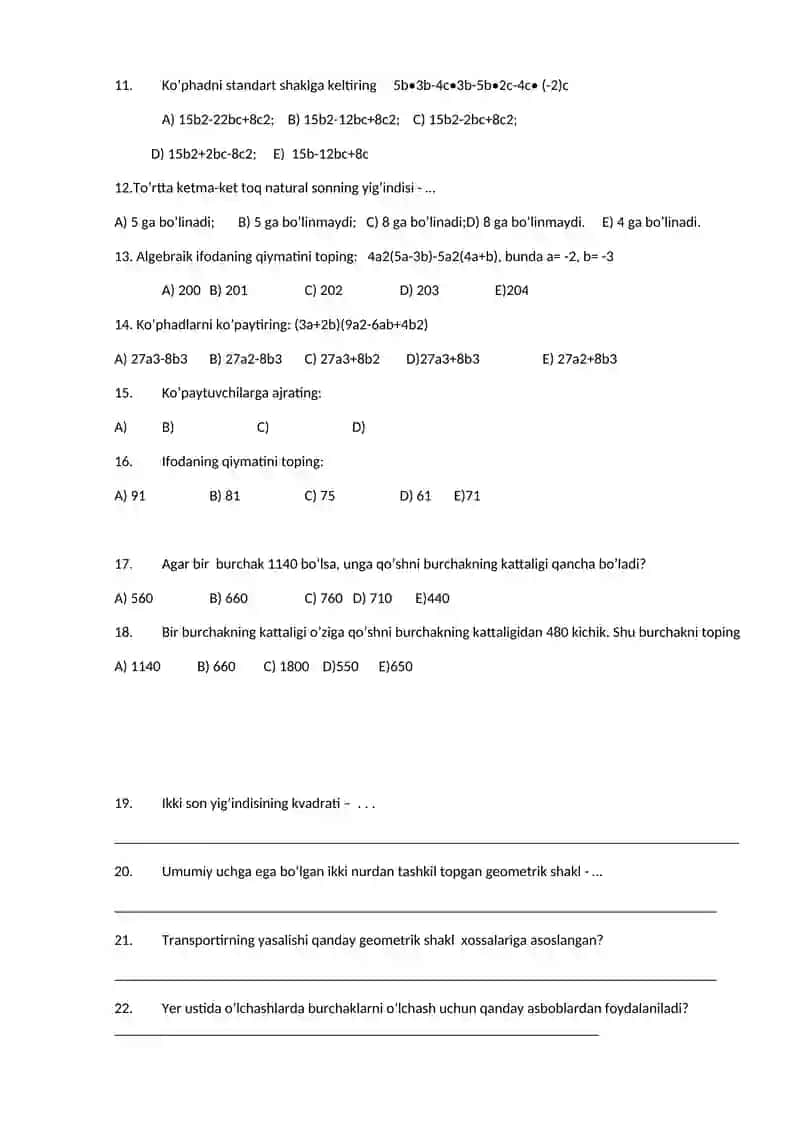 Matematika fanidan “Bilimlar bellashuvi” test savollari 2