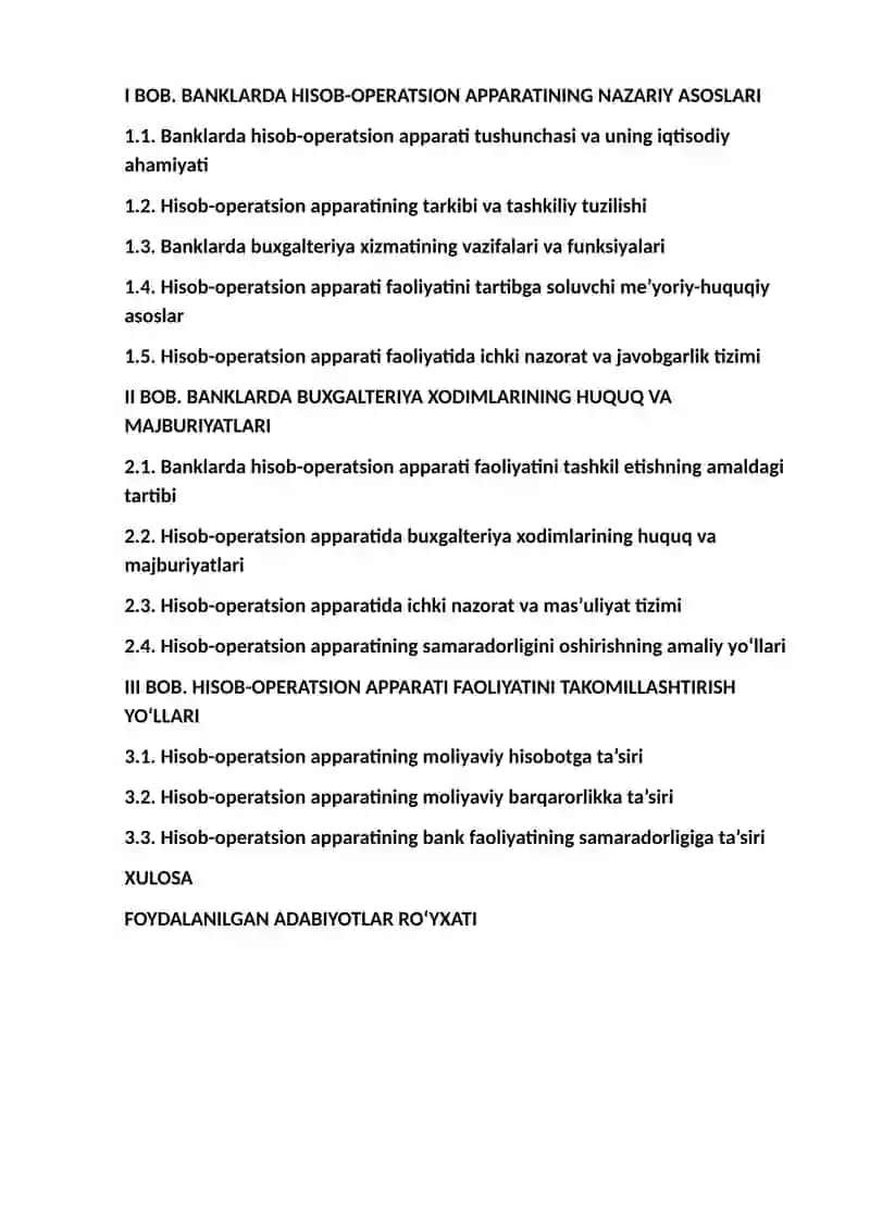 Banklarda hisob-operatsion apparatining tuzilishi va buxgalteriya xodimlarining huquq hamda majburiyatlari. 2