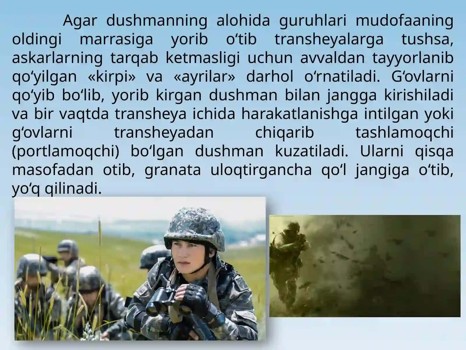 Pozitsiyagayorib kirgan dushmanni yo‘q qilish Askarning tungi hujumdagi harakati va suv to‘siqlaridan o‘tishi 2