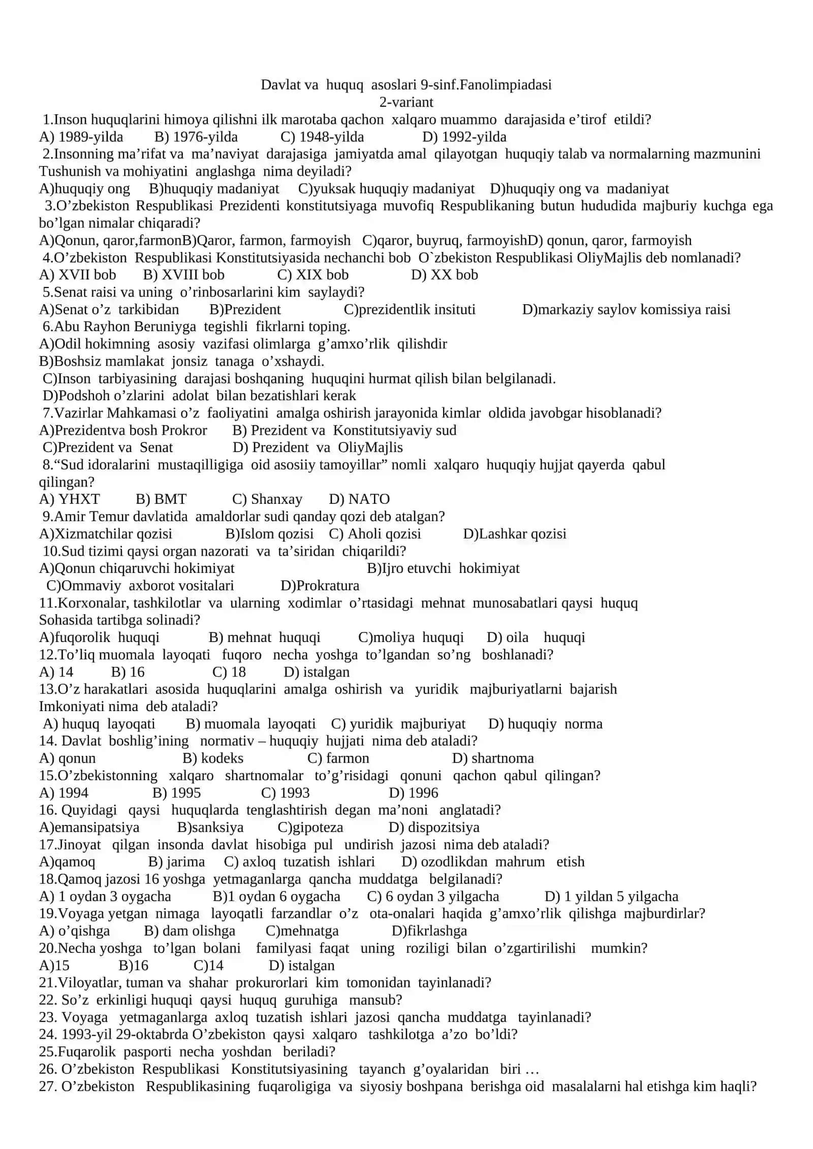 Davlat va huquq asoslari 9-sinf.Fan olimpiadasi 2