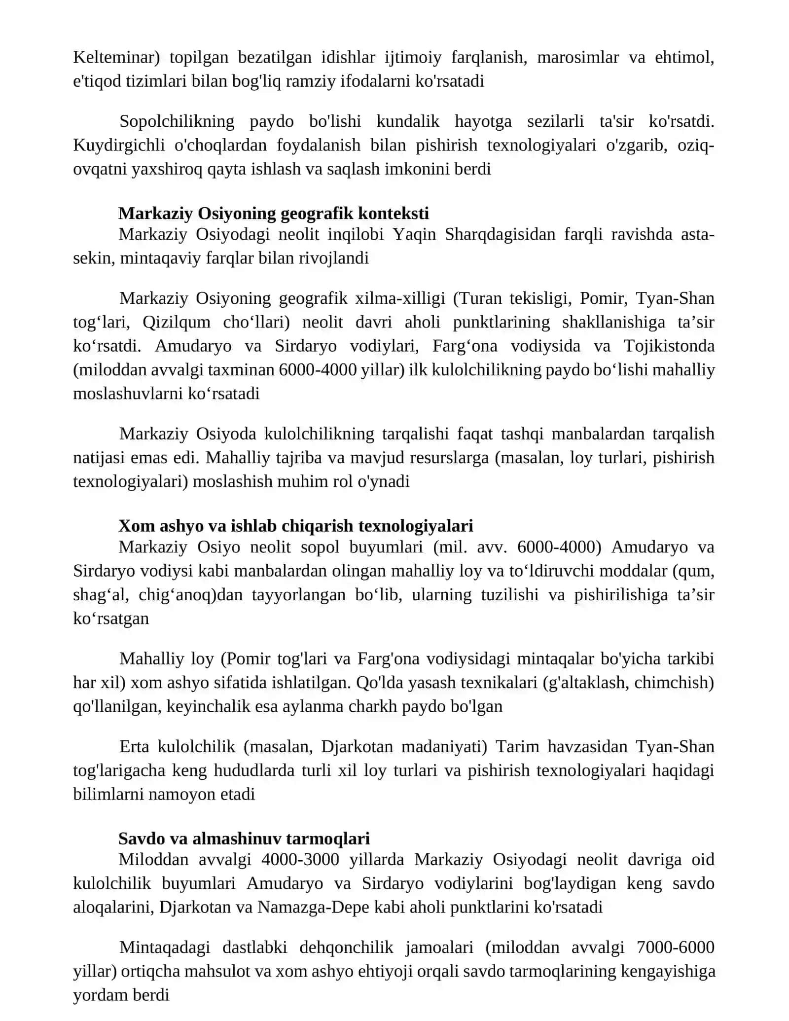Neolit davri revolutsiyasi va Orta Osiyo hududida ilk kulolchilikning paydo bolishi 2