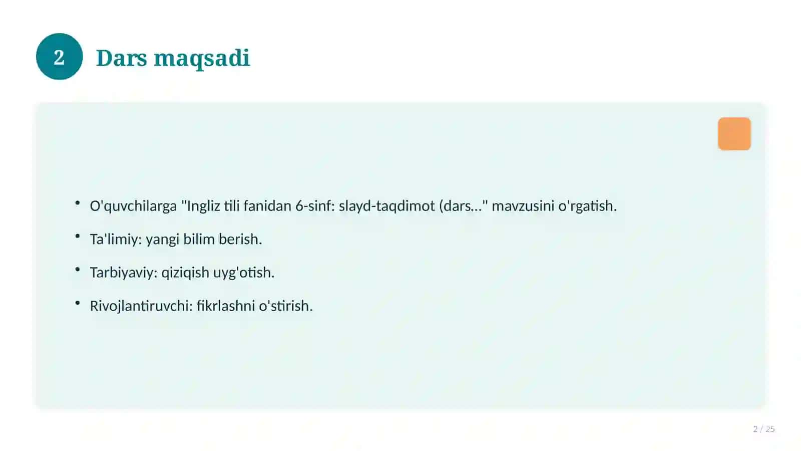 Ingliz tili fanidan 6-sinf: slayd-taqdimot (dars uchun) 2
