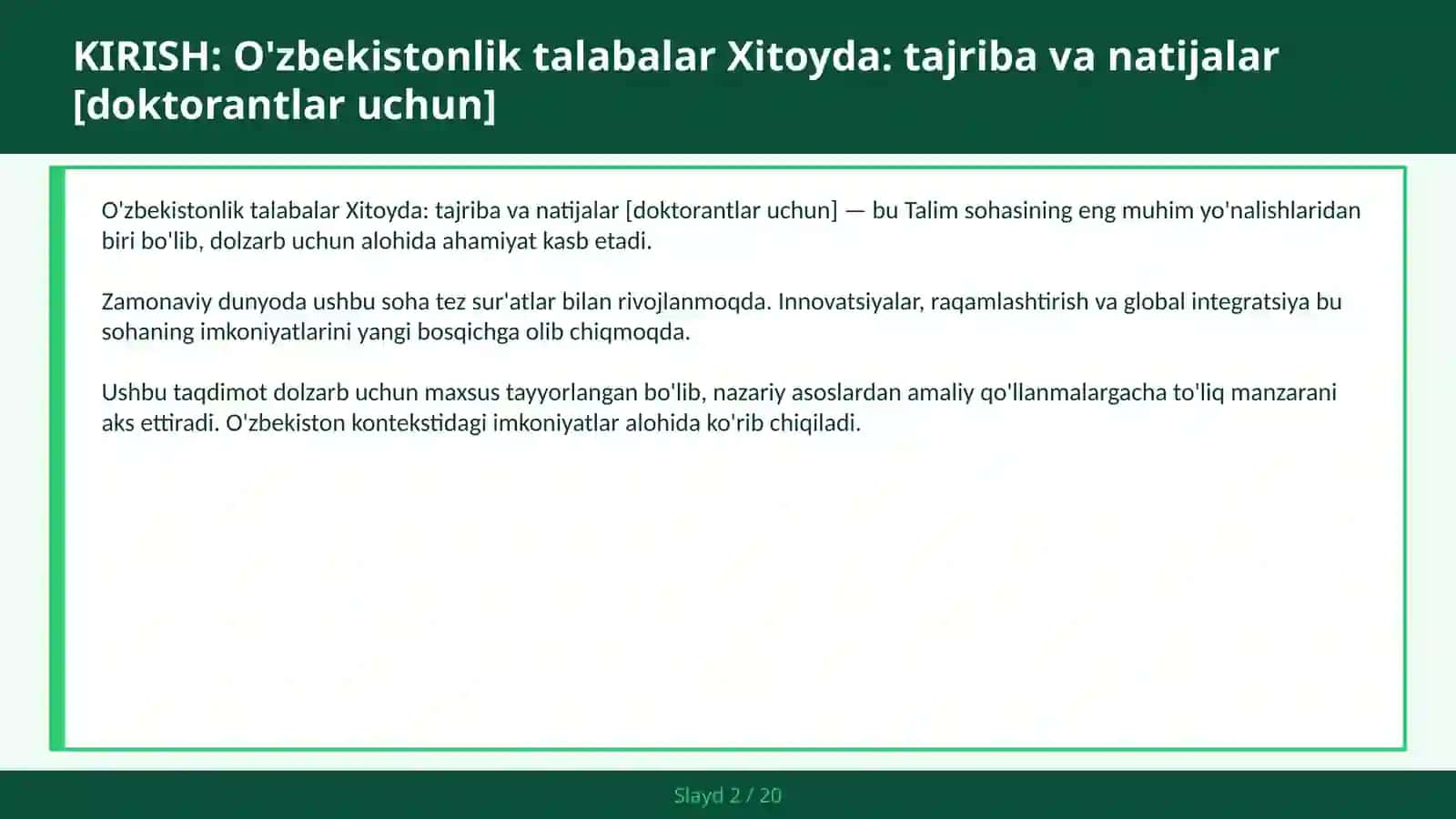 O'zbekistonlik talabalar Xitoyda: tajriba va natijalar [doktorantlar uchun] 2