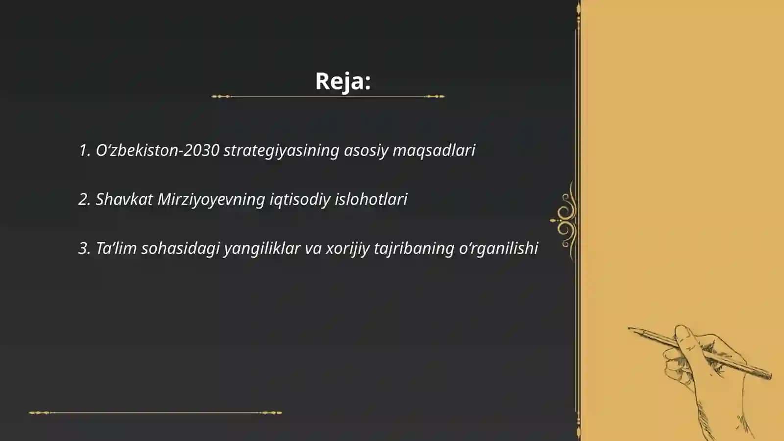 Oʻzbekiston-2030 strategiyasi va prezident Shavkat Mirziyoyev asarlari asosida milliy va xorijiy tajribani taqqoslash 2