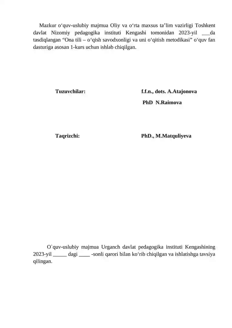 ONA TILI - O‘QISH SAVODXONLIGI VA UNI O‘QITISH METODIKASI 2