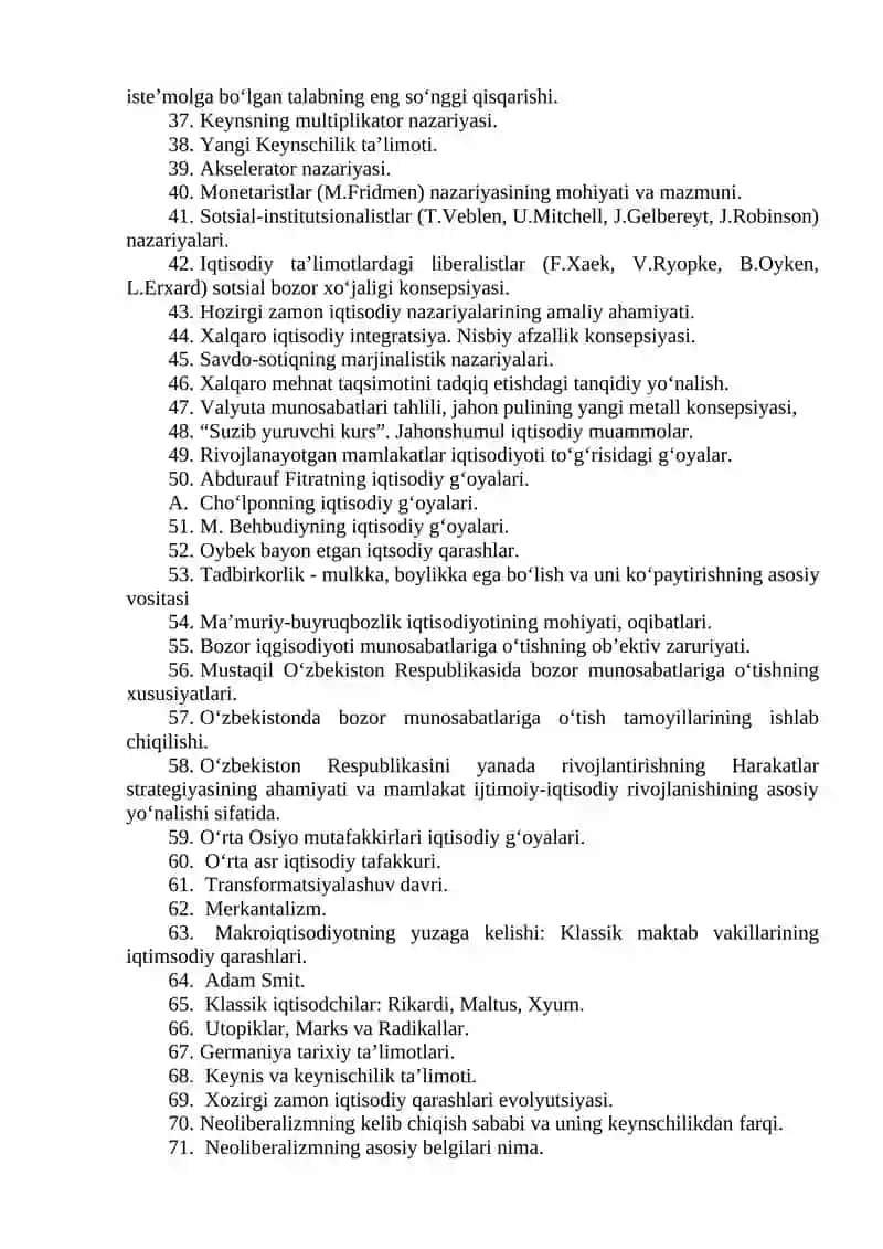 IQTISODIY TA’LIMOTLAR TARIXI FANIDAN MAVZULAR BANKI 2