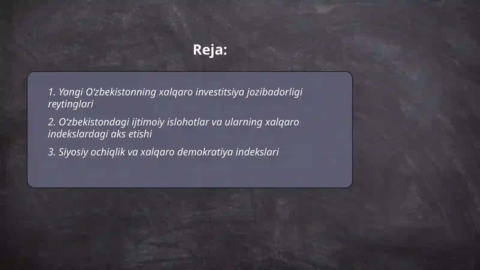 Yangi Oʻzbekistonda ijtimoiy siyosiy iqtisodiy va madaniy hayotida roʻy berayotgan oʻzgarishlarning xalqaro reyting va indekslarda aks etishi 2