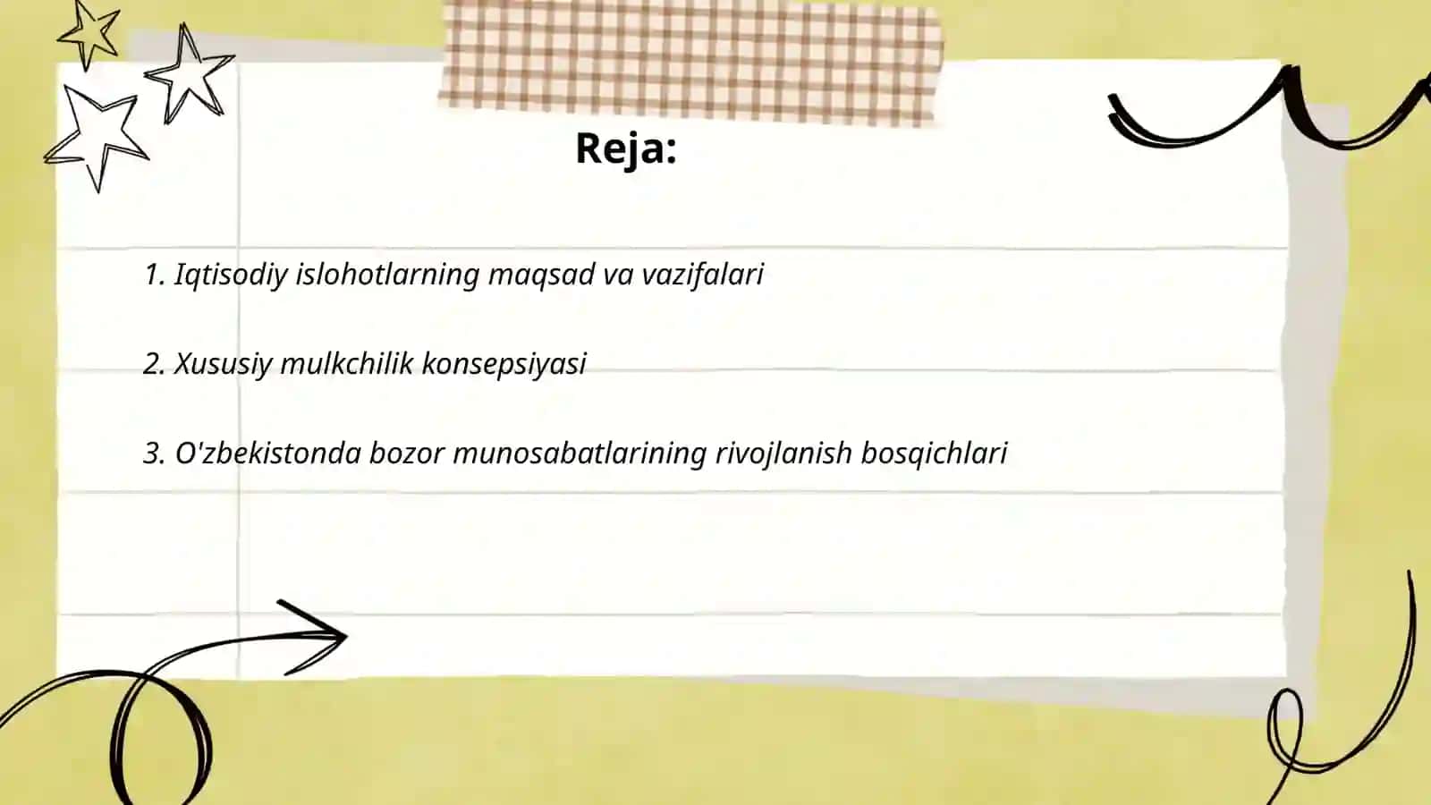 Iqtisodiy islohotlar, xususiy mulkchilikning shakllanishi.Oʻzbekistonda bozor munosabatlarining rivojlanishi 2