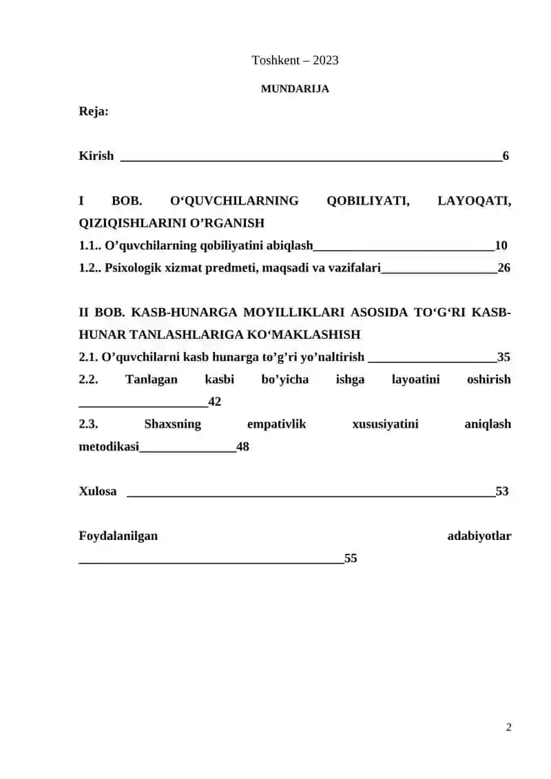 O‘QUVCHILARNING QOBILIYATI, LAYOQATI, QIZIQISHLARI VA KASB-HUNARGA MOYILLIKLARI ASOSIDA TO‘G‘RI KASB-HUNAR TANLASHLARIGA KO‘MAKLASHISH 2
