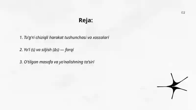 To'g'ri chiziqli harakat tushunchasi va xossalari 2