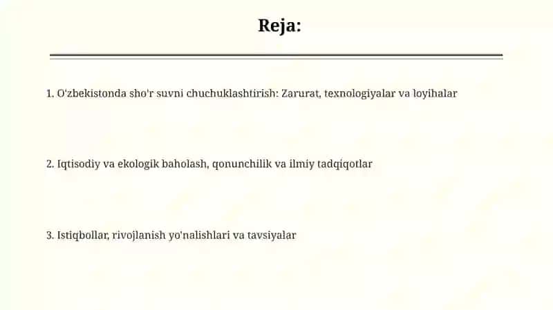 O'zbekistonda sho'r suvni chuchuklashtirish: Zarurat, texnologiyalar va loyihalar 2