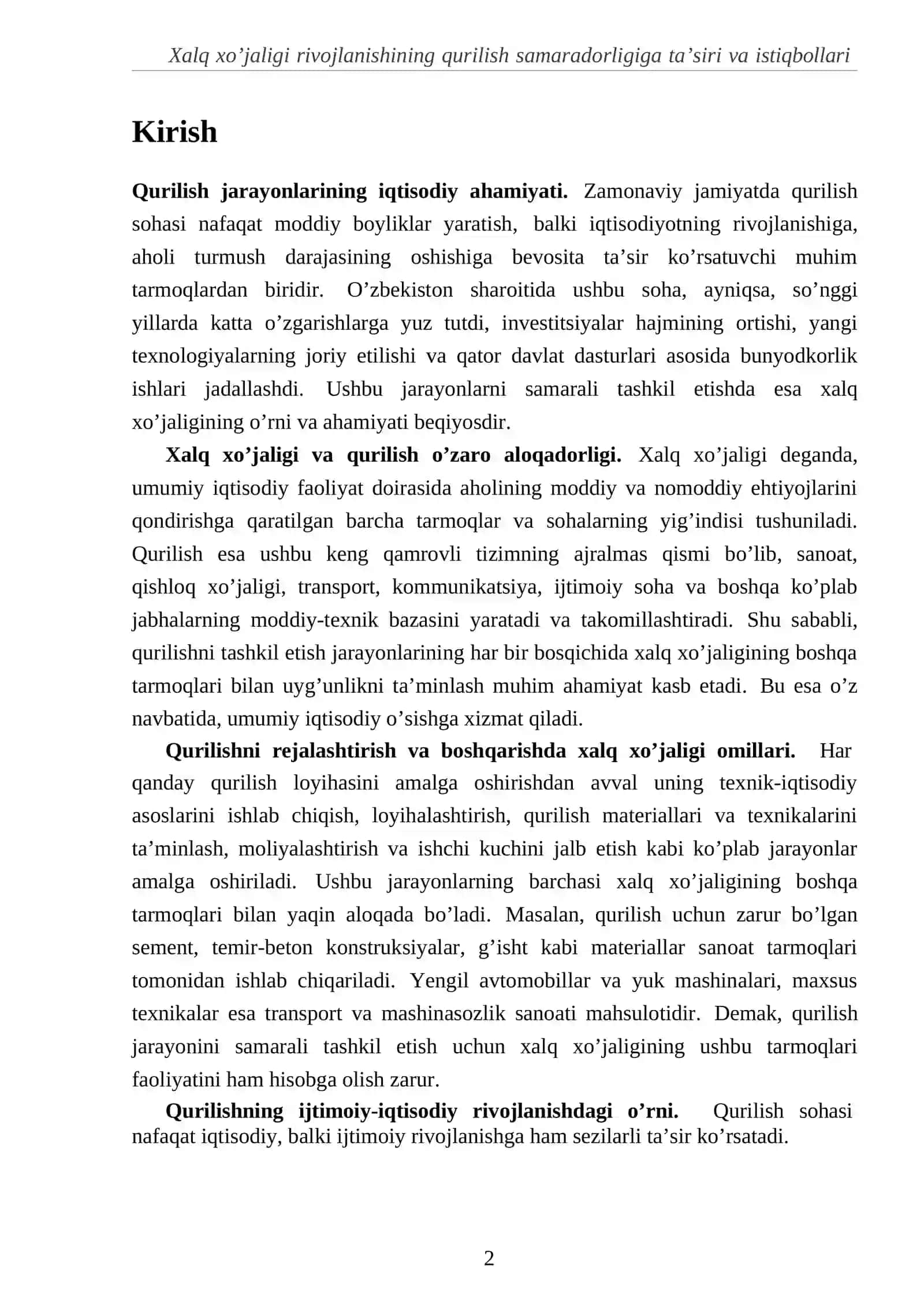 Qurilishni tashkil etishda xalq xo’jaligi rivojlanishining qurilish samaradorligiga ta’siri va istiqbollari 2