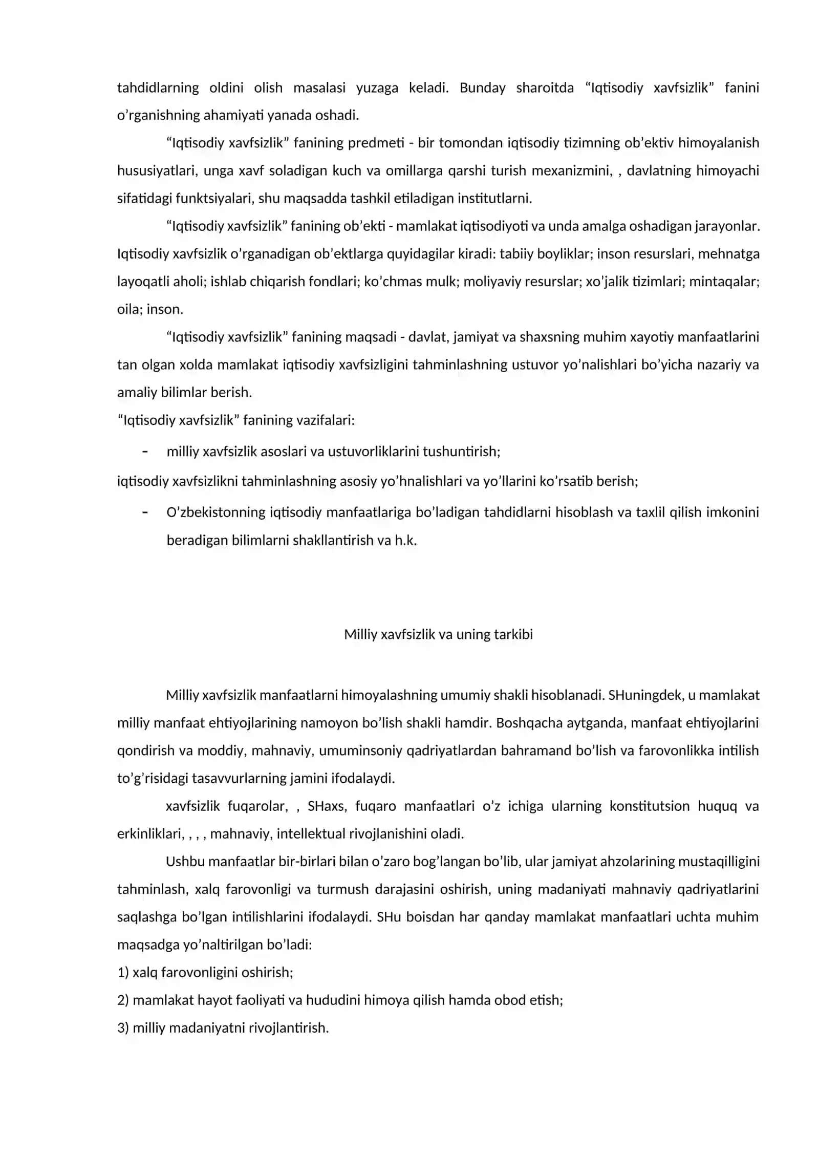 "IQTISODIY XAVFSIZLIK" FANIGA KIRISH 2