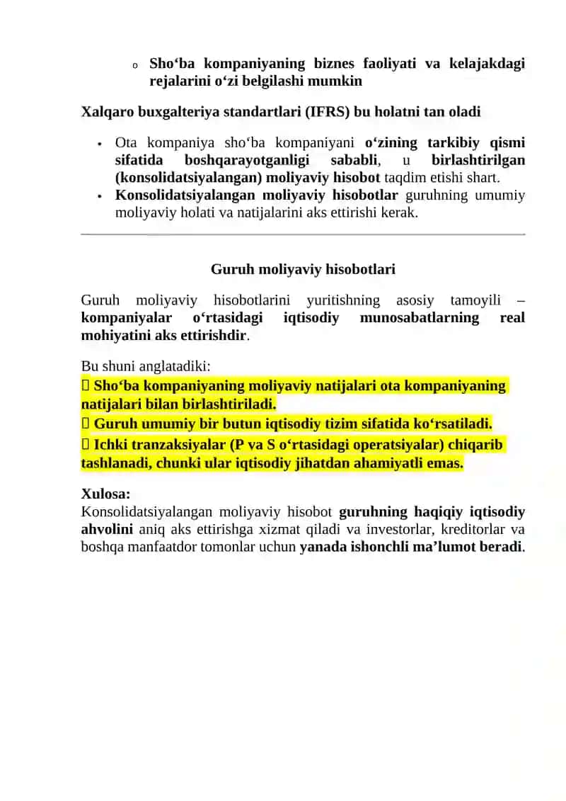 Guruhlar va konsolidatsiyalashgan moliyaviy hisobotlar tushunchalari va tamoyillari 2