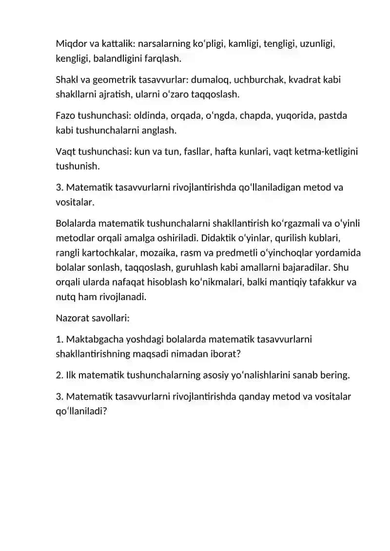 Maktabgacha talim yoshdagi bolalarda Ilk matematik tasavvurlarini shakllantirish metodikasi 2