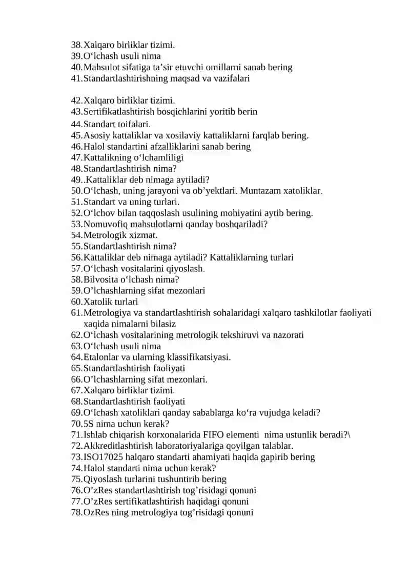 “Metrologiya, standartlashtirish va mahsulot sifati menejmenti” fanidan yakuniy nazorat savollari to’plami 2