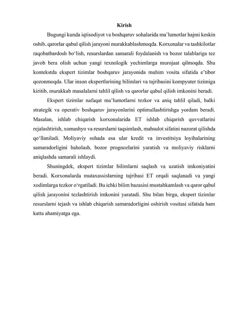 Ekspert tizimlarini boshqaruvdagi oʻrni va ularni iqtisodiyot tarmoqlarda qoʻllash 2