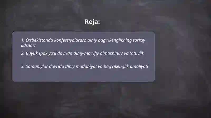 O'zbekiston kanfessiyalararo diniy bag'rikenglikning tarixiy tajribasi mavzusida test tayyorlash 2