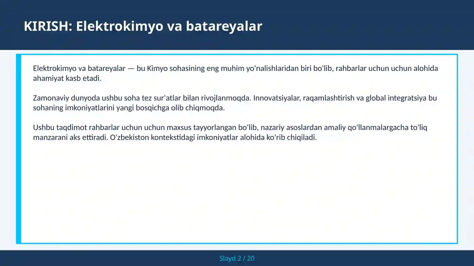 Elektrokimyo va batareyalar 2