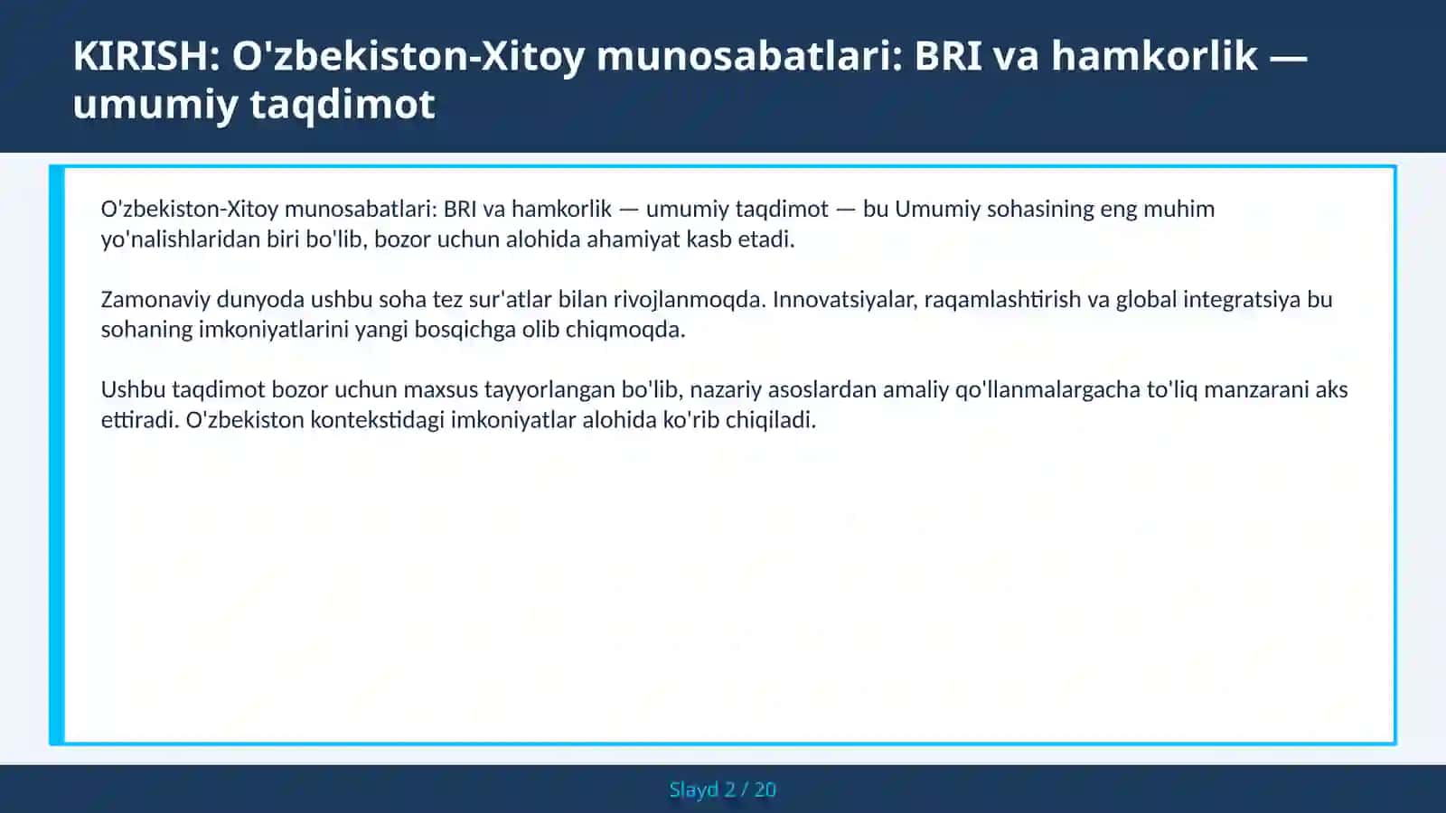 O'zbekiston-Xitoy munosabatlari: BRI va hamkorlik — umumiy taqdimot 2