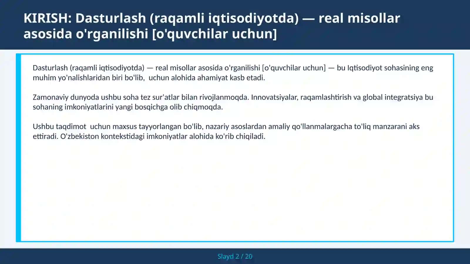 Dasturlash (Raqamli iqtisodiyotda) — real misollar asosida o'rganilishi [o'quvchilar uchun] 2