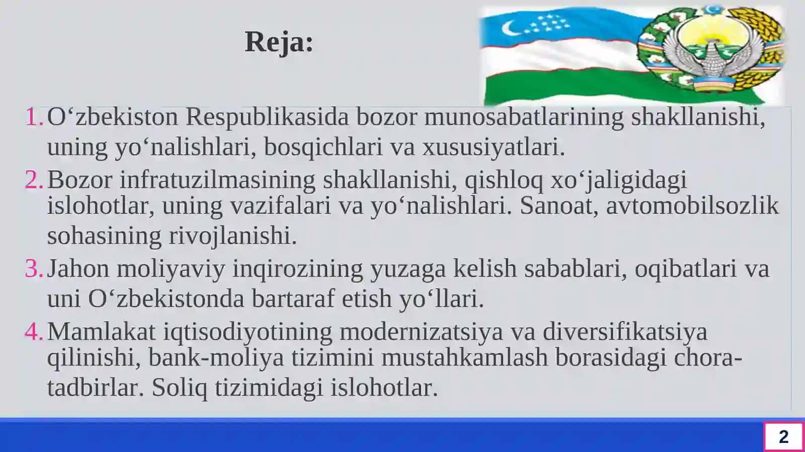 O‘ZBEKISTONDA IQTISODIY ISLOHOTLARNING AMALGA OSHIRILISHI, BOZOR MUNOSABATLARINING RIVOJLANISHI 2