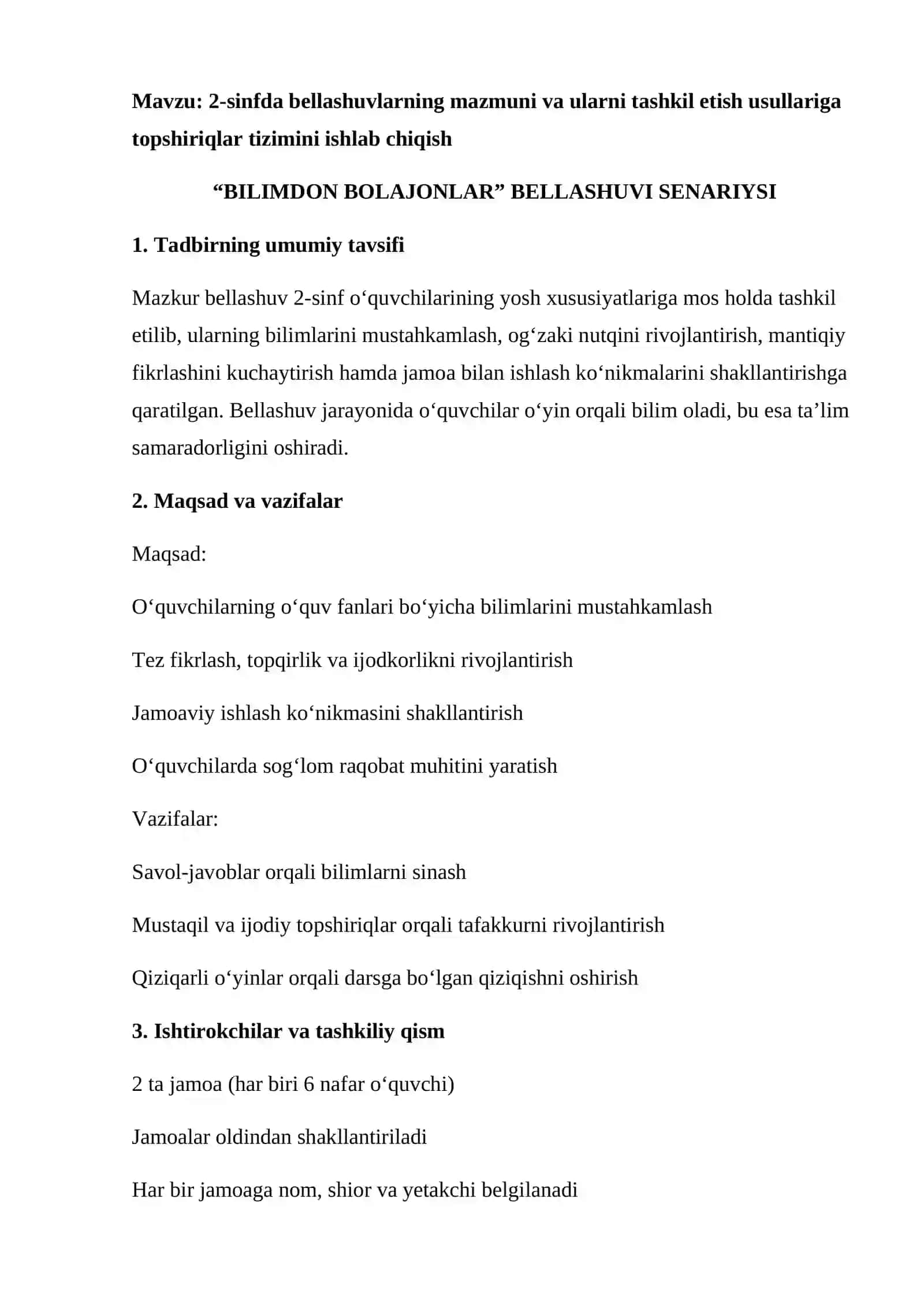 2-sinfda bellashuvlarning mazmuni va ularni tashkil etish usullariga topshiriqlar tizimini ishlab chiqish 2