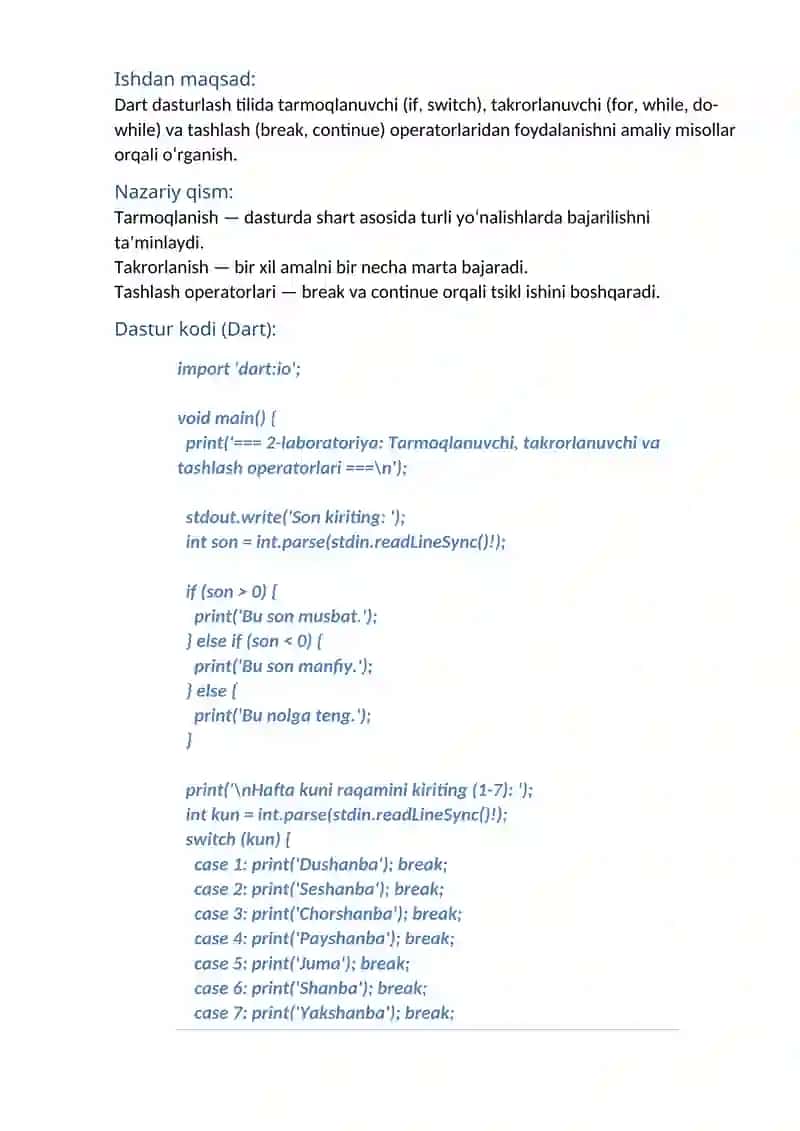 Dart dasturlash tilida tarmoqlanuvchi, takrorlanuvchi va tashlash operatori operatorlarga doir dastur tuzish 2