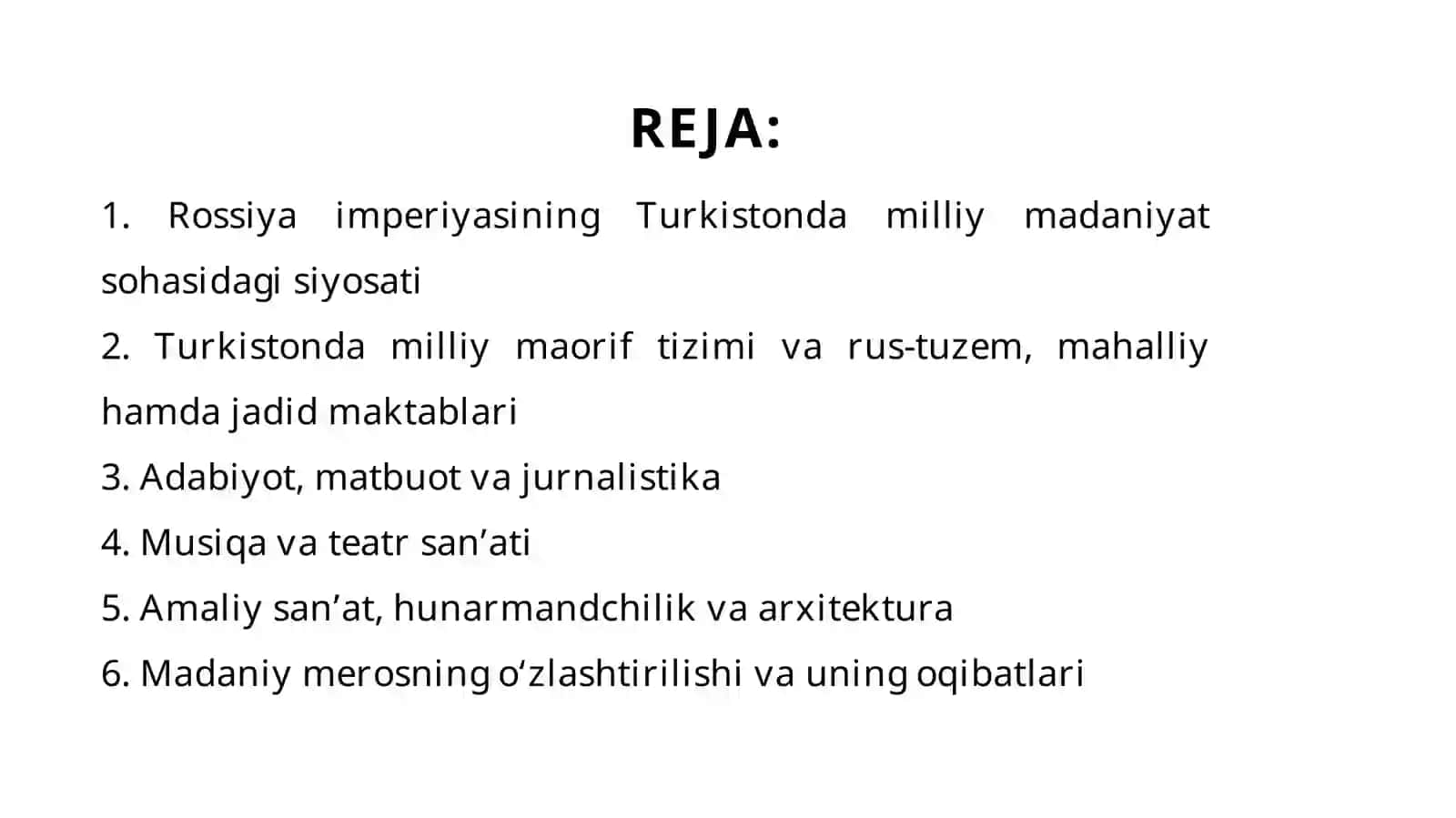 ROSSIYA IMPERIYASI MUSTAMLAKACHILIGI VA SOVET MUSTABID TUZUMI DAVRIDA O'ZBEKISTON MADANIYATI VA SAN'ATI(XIXasrningikkinchiyarmi- XXasrning80-yillari) 2