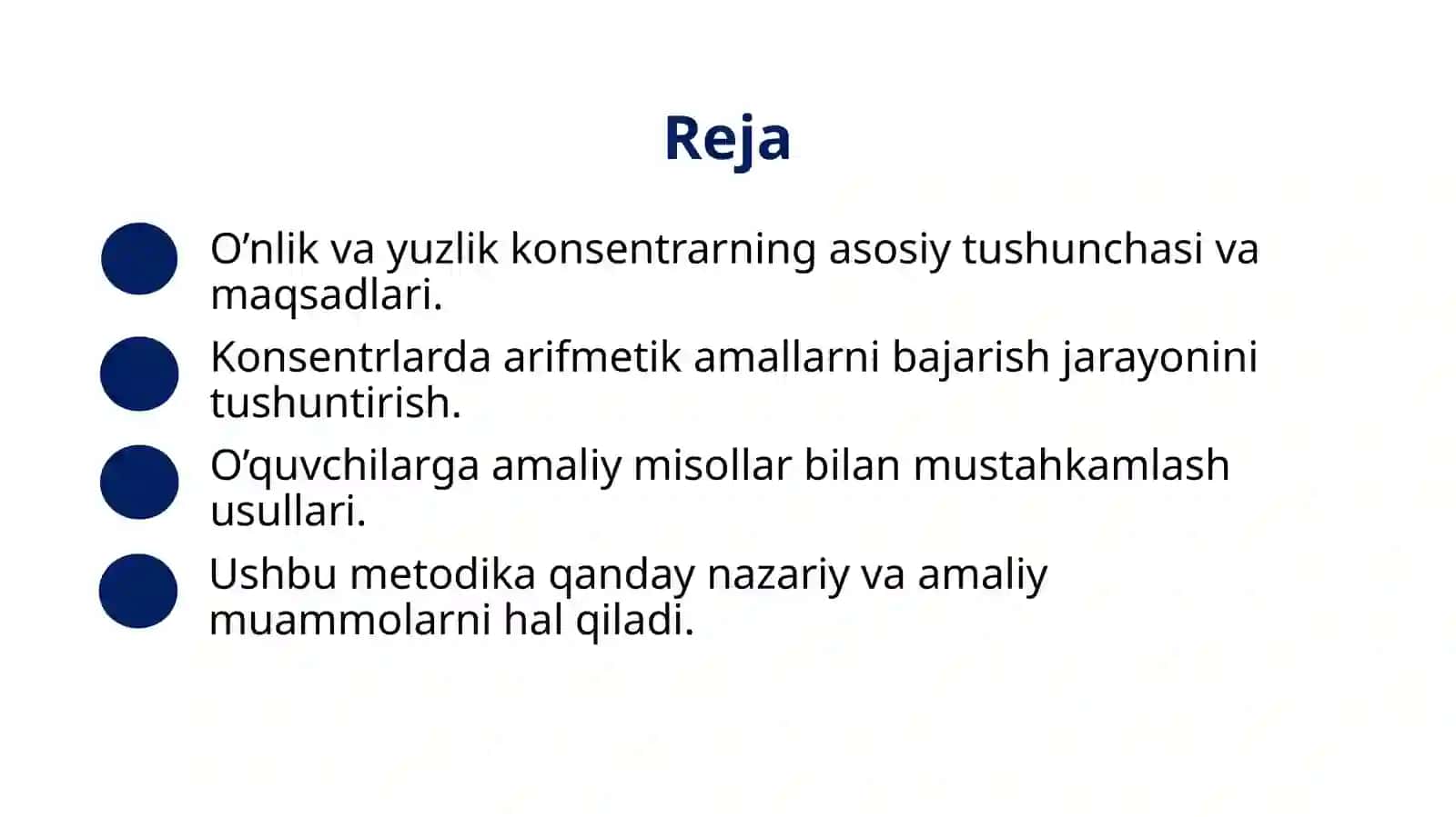 O’nlik,Yuzlik konsentrida nomerlashga o’rgatish metodikasi.Konsentrlarda arifmetik amallarni bajarishga o’rgatish 2