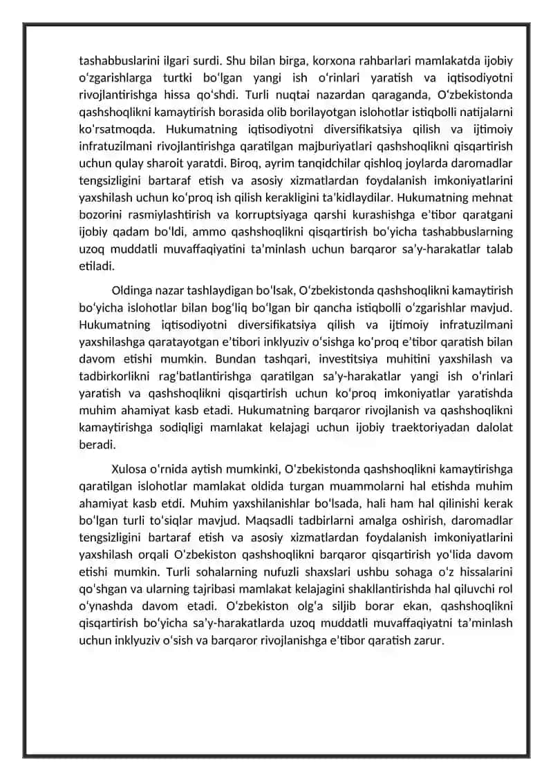 Qashshoqlikni kamaytirish borasida olib borilgan islohotlar 2