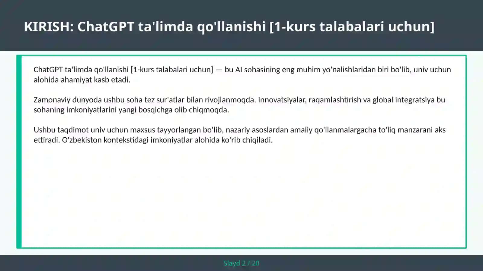 ChatGPT ta'limda qo'llanishi [1-kurs talabalari uchun] 2