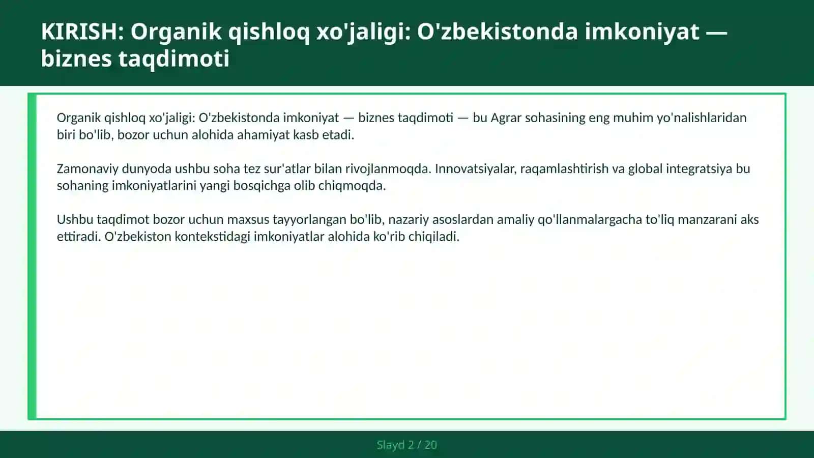 Organik qishloq xo'jaligi: O'zbekistonda imkoniyat — biznes taqdimoti 2