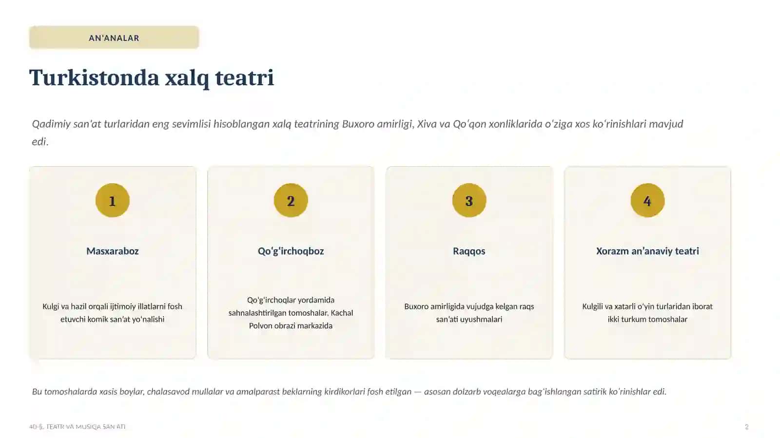 Teatr va Musiqa • Oʻzbekiston tarixi • 9 - sinf • Prezentatsiya 2
