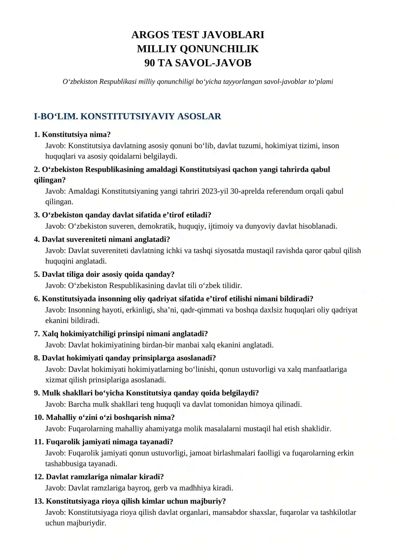 ARGOS Test Javoblari | Milliy Qonunchilik | 90 ta savol-javob 2